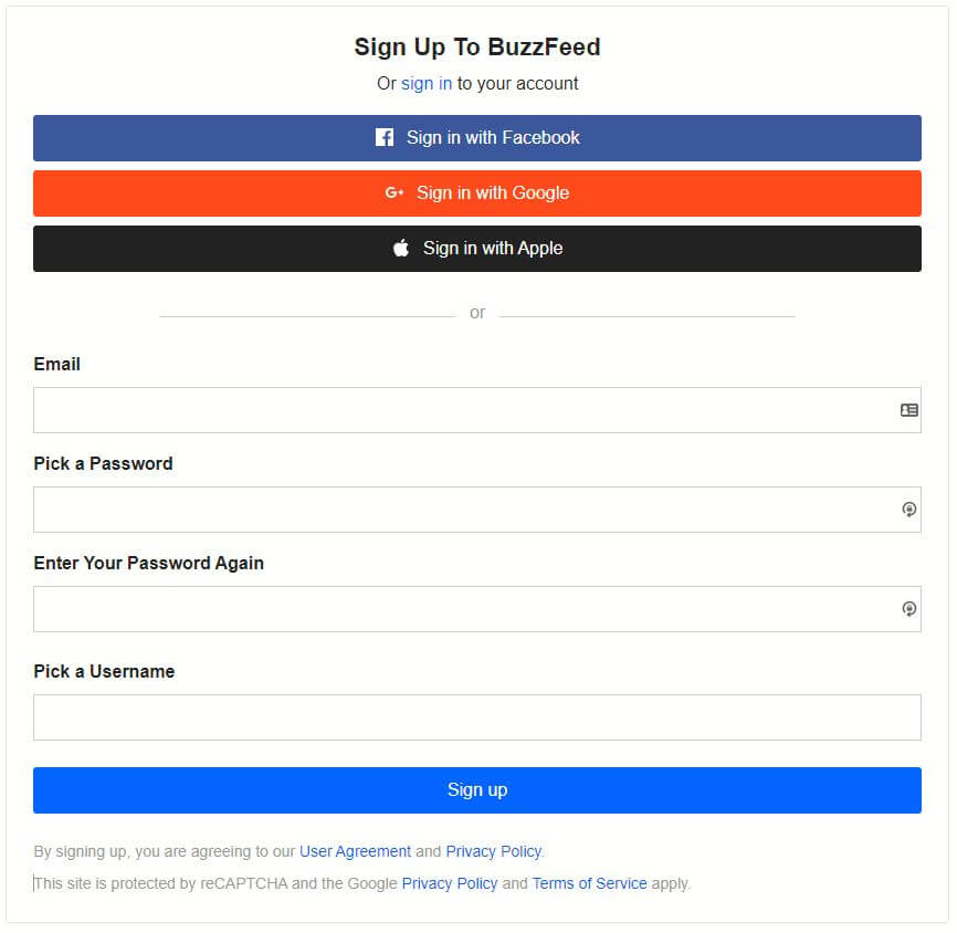 BuzzFeed sign up form