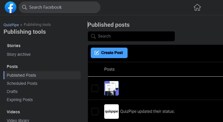 screenshot of the create post button in facebook publishing tools