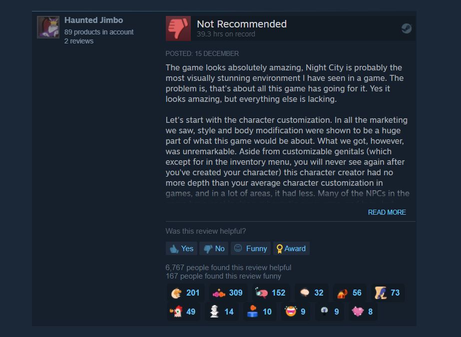 screenshot of Cyberpunk2077 review on Steam