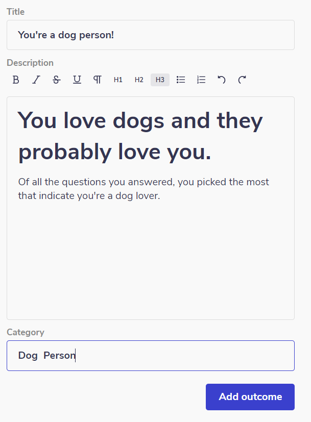 outcome example with text describing a dog person category