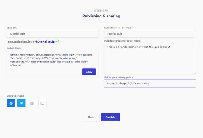 publish quiz screen with social media fields filled in