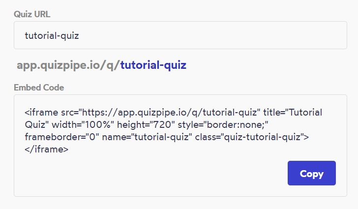 screenshot of quizpipe embed code