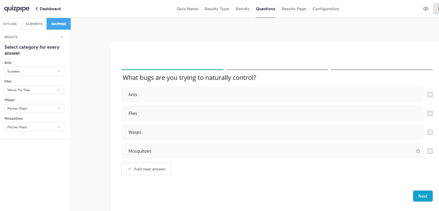 Screenshot of a quizpipe quiz setup