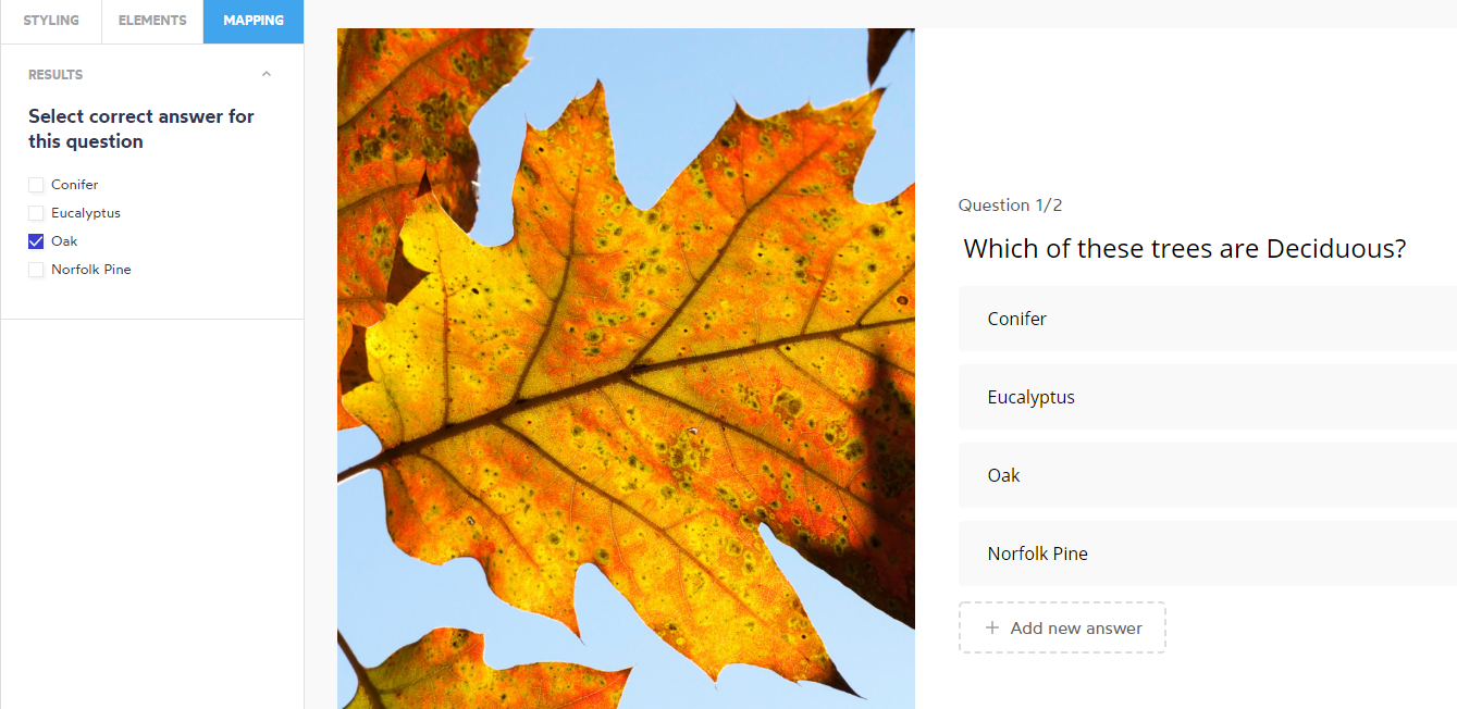 image of a quizpipe quiz featuring a leaf and some questions