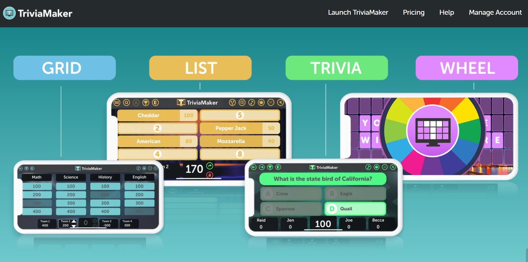 trivia maker dashboard image showing the four different interfaces
